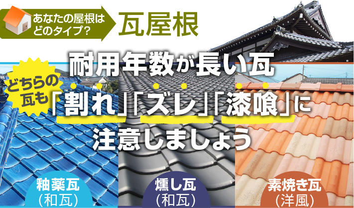 耐用年数が長い瓦　「割れ」「ズレ」「漆喰」に注意しましょう