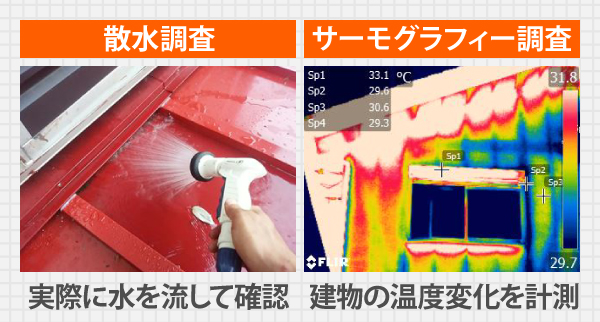 散水調査で実際に水を流して確認したり、サーモグラフィー調査で建物の温度変化を計測する場合もあります